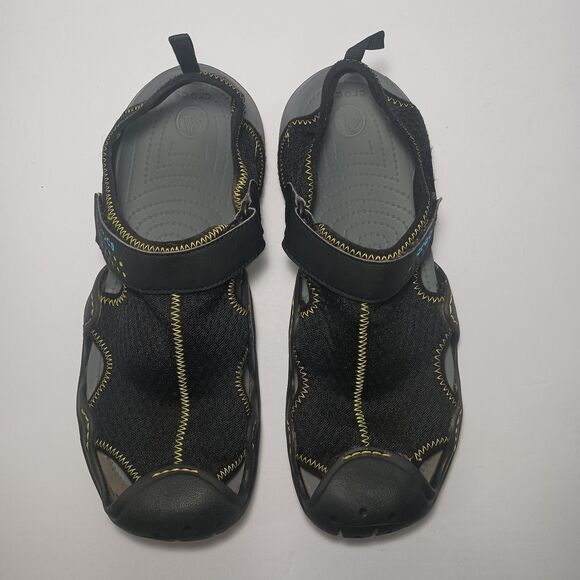 Crocs Swiftwater Black Mesh Fisherman Deck Sandals Men's Sz 12 Ankle Strap 15041 - Picture 3 of 16